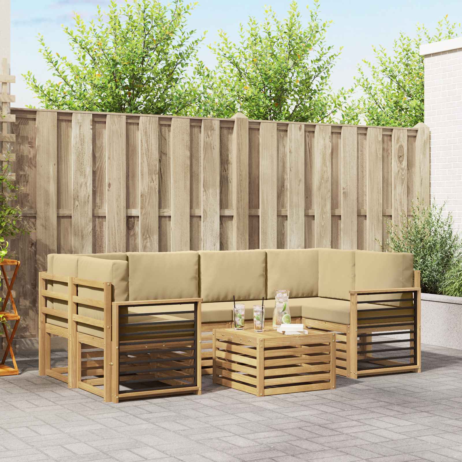 vidaXL Sofa-Sets 7 pcs Natuurlijk en Crème Massief Acaciahout