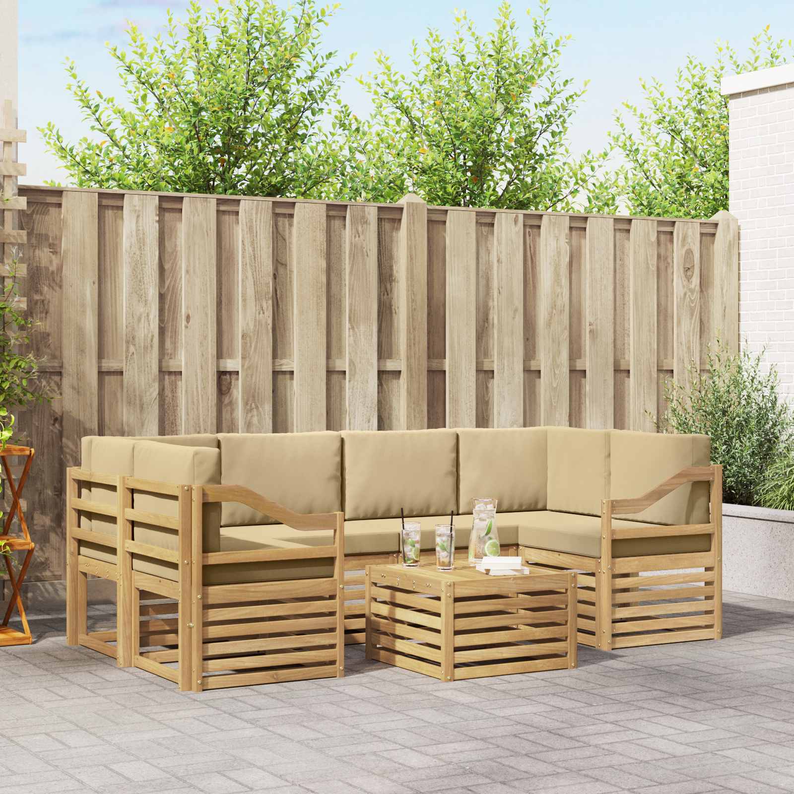 vidaXL Sofa-Sets 7 pcs Natuurlijk en Crème Massief Acaciahout