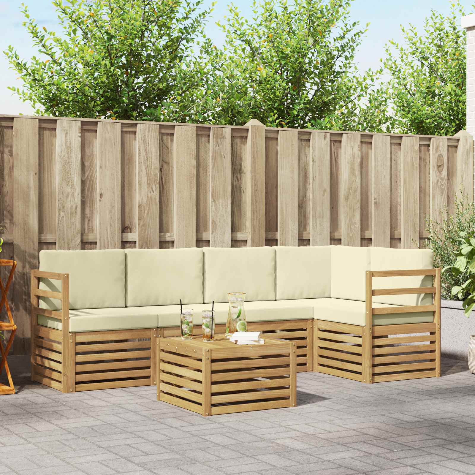 vidaXL Sofa-Sets 6 pcs Natuurlijk en Crème Massief Acaciahout