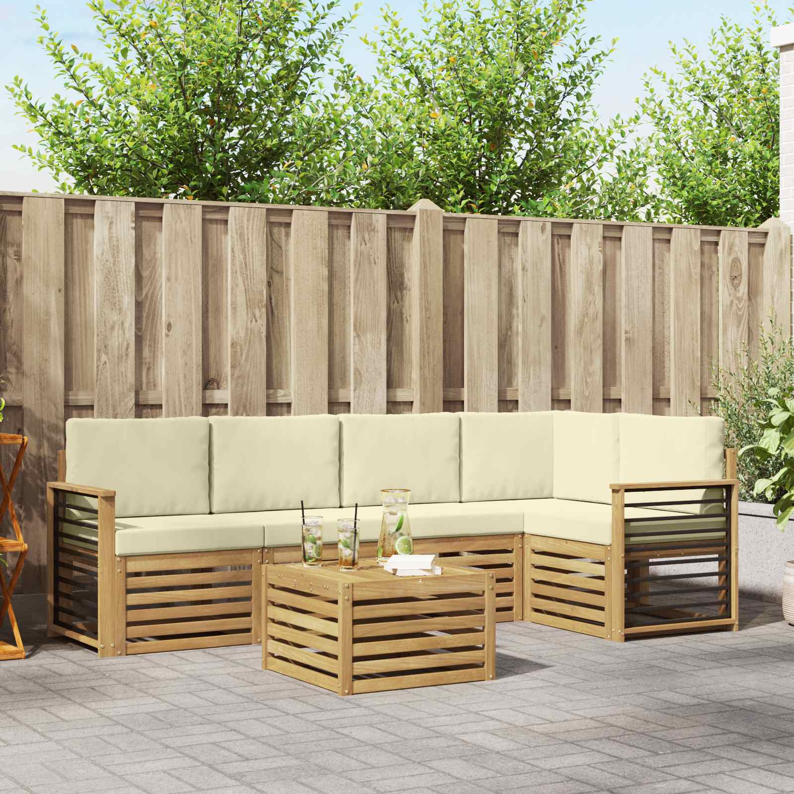 vidaXL Sofa-Sets 6 pcs Natuurlijk en Crème Massief Acaciahout