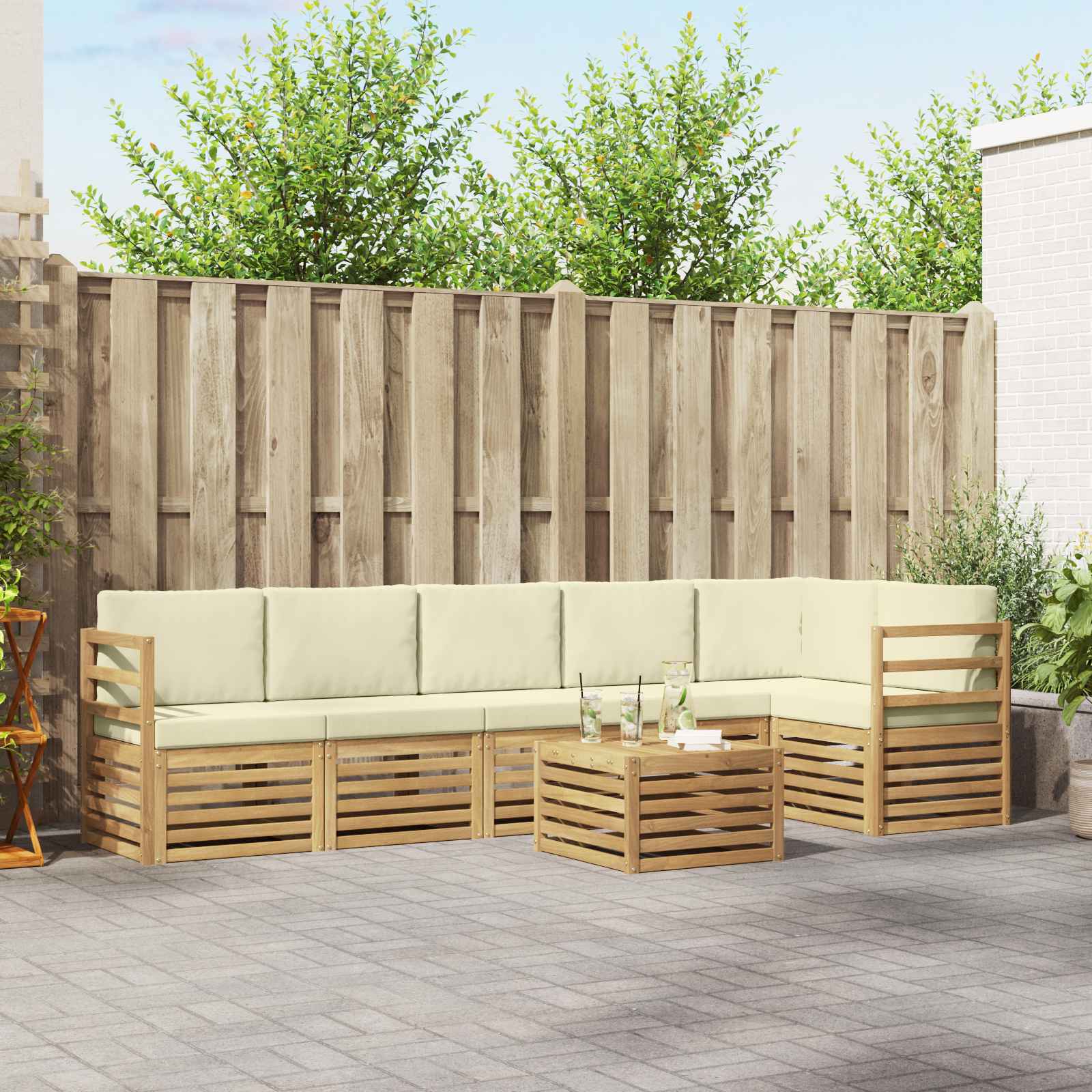vidaXL Sofa-Sets 7 pcs Natuurlijk en Crème Massief Acaciahout
