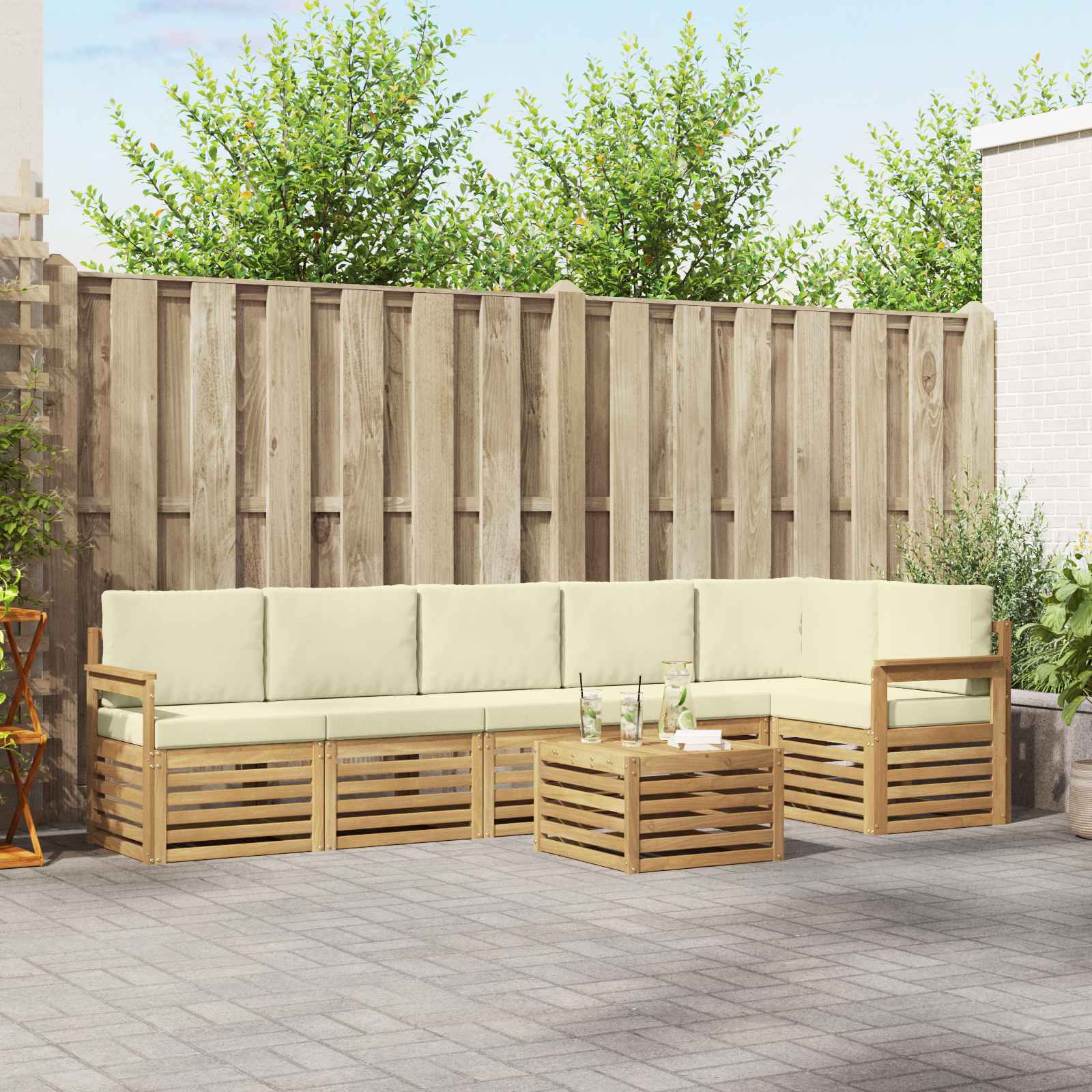 vidaXL Sofa-Sets 7 pcs Natuurlijk en Crème Massief Acaciahout