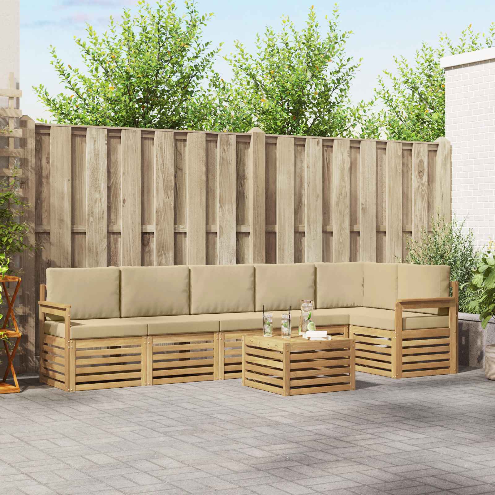 vidaXL Sofa-Sets 7 pcs Natuurlijk en Crème Massief Acaciahout