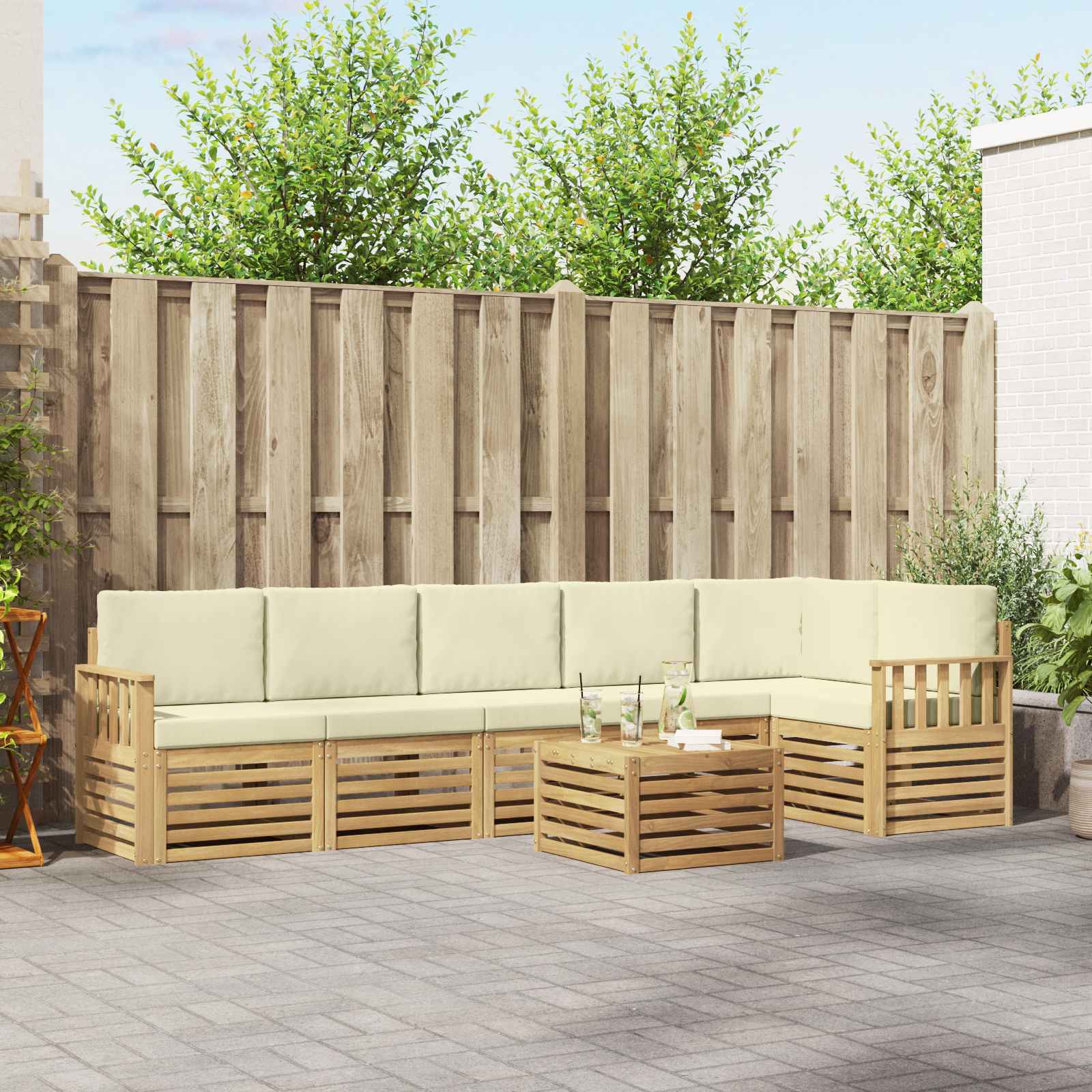 vidaXL Sofa-Sets 7 pcs Natuurlijk en Crème Massief Acaciahout