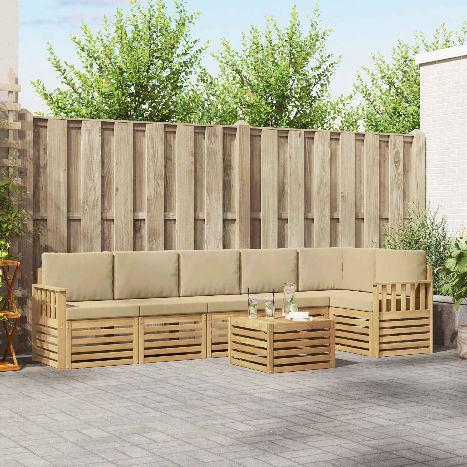 vidaXL Sofa-Sets 7 pcs Natuurlijk en Crème Massief Acaciahout