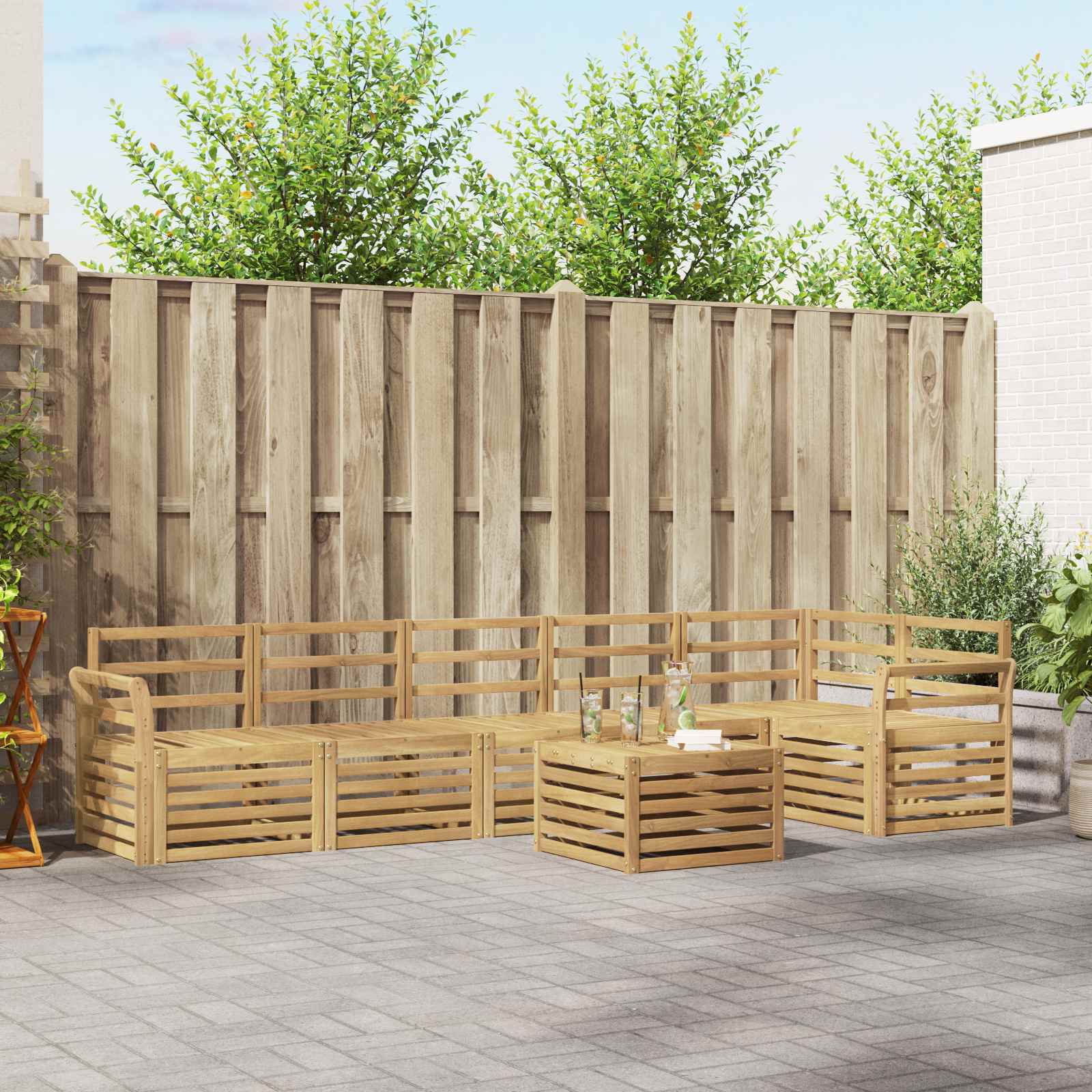 vidaXL Sofa-Sets 7 pcs Natuurlijk en Crème Massief Acaciahout