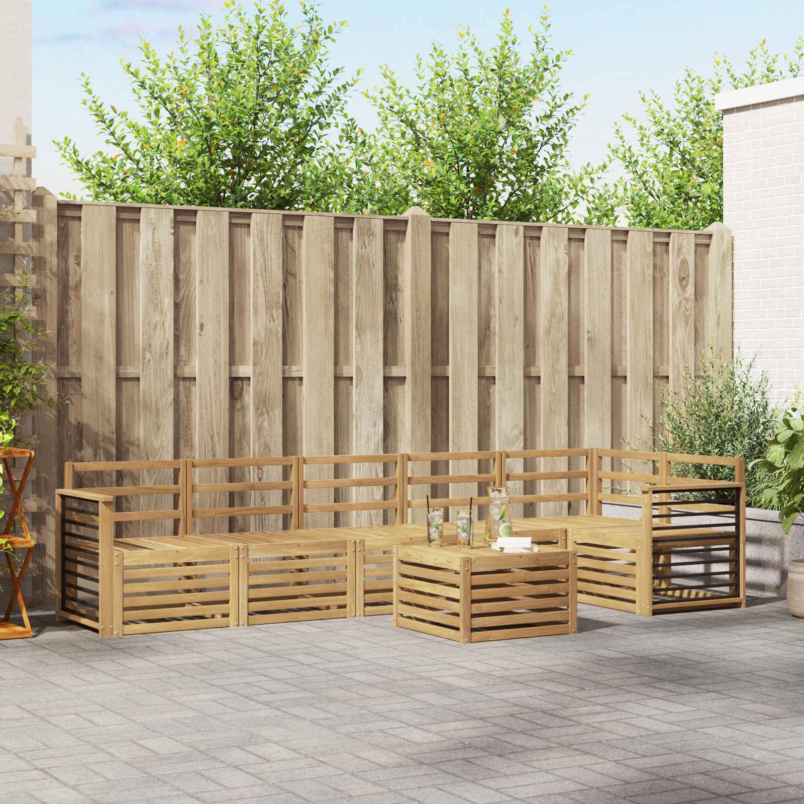 vidaXL Sofa-Sets 7 pcs Natuurlijk en Crème Massief Acaciahout