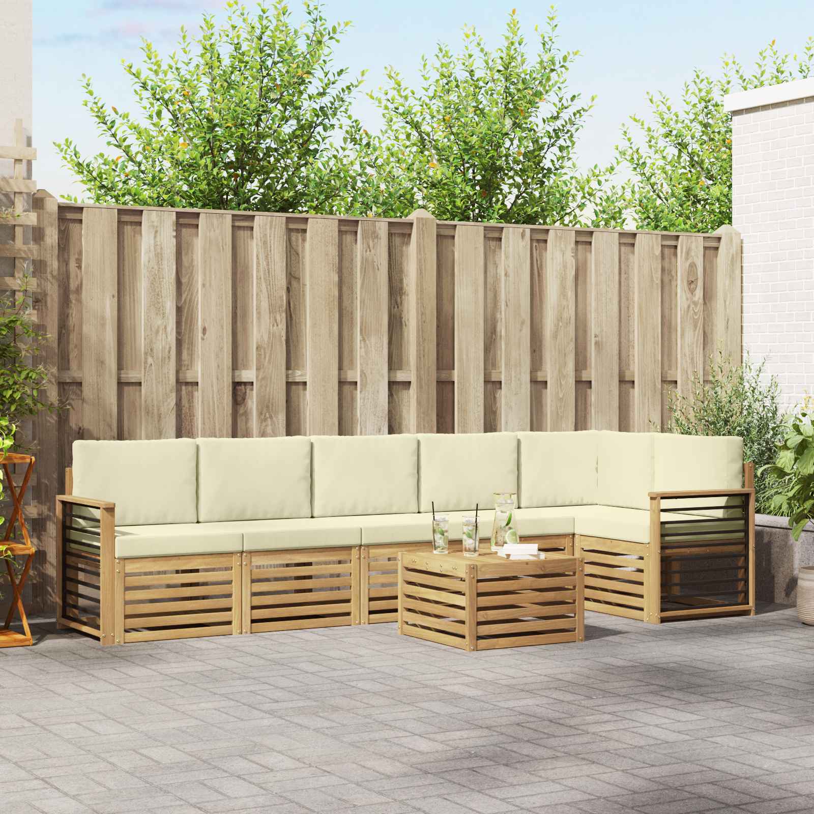 vidaXL Sofa-Sets 7 pcs Natuurlijk en Crème Massief Acaciahout