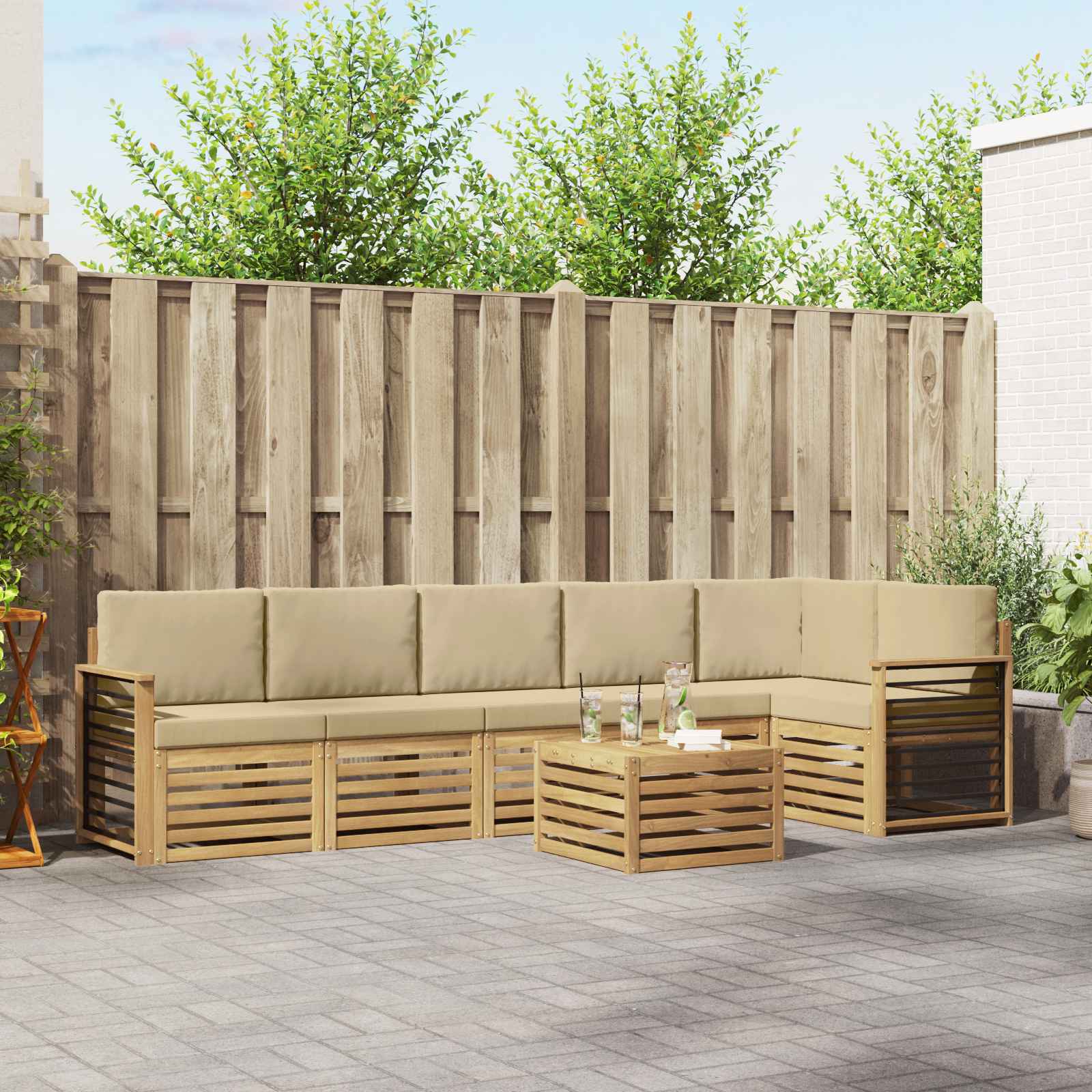 vidaXL Sofa-Sets 7 pcs Natuurlijk en Crème Massief Acaciahout