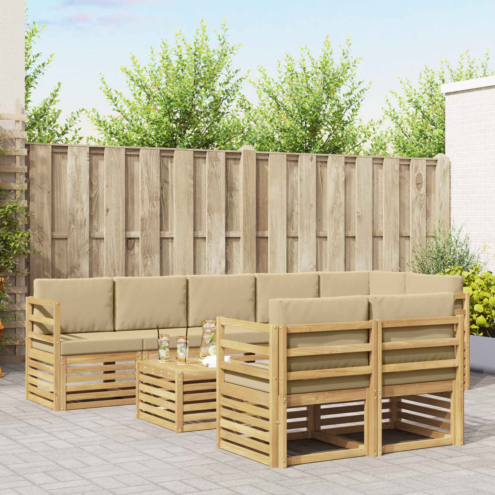 vidaXL Sofa-Sets 9 pcs Natuurlijk en Crème Massief Acaciahout