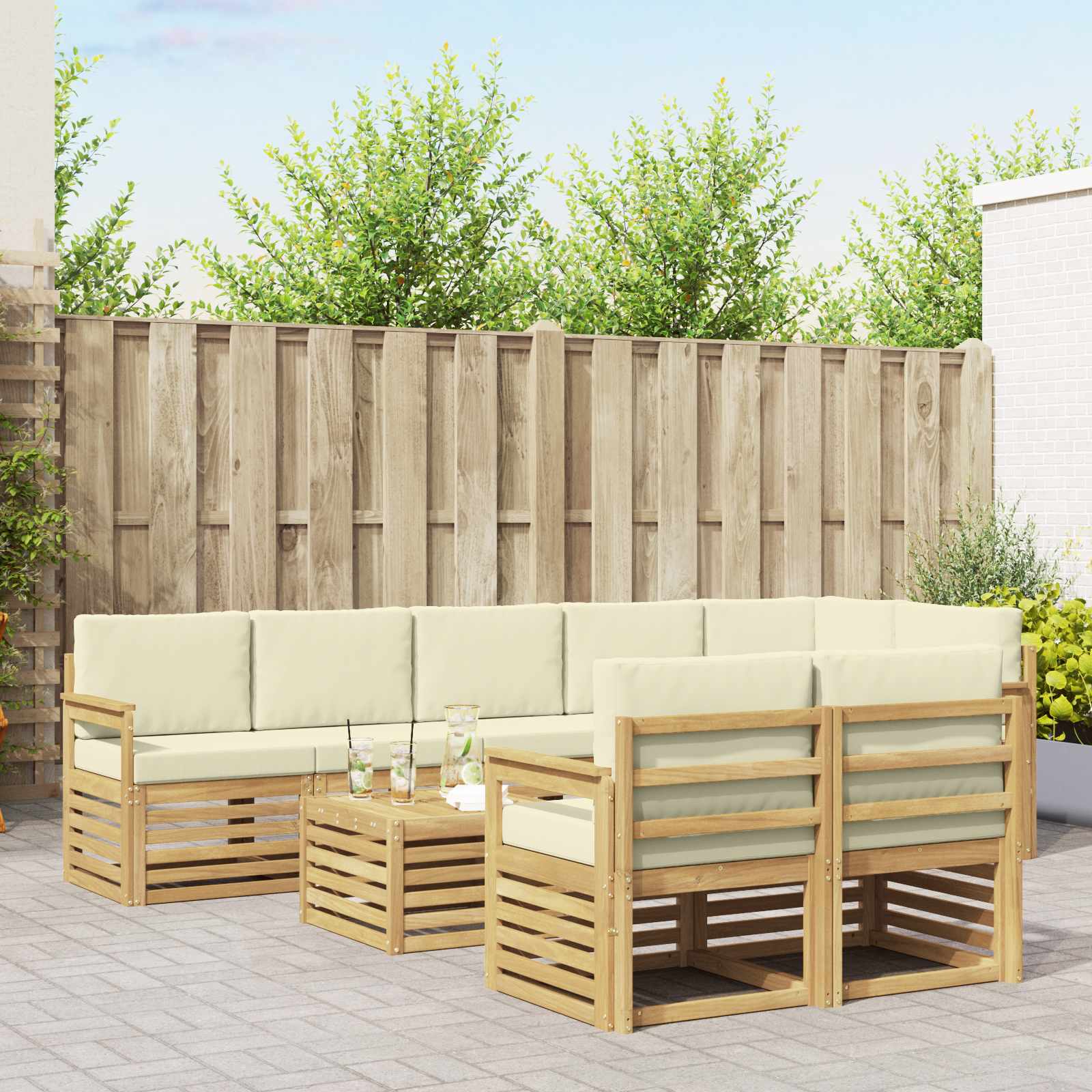 vidaXL Sofa-Sets 9 pcs Natuurlijk en Crème Massief Acaciahout