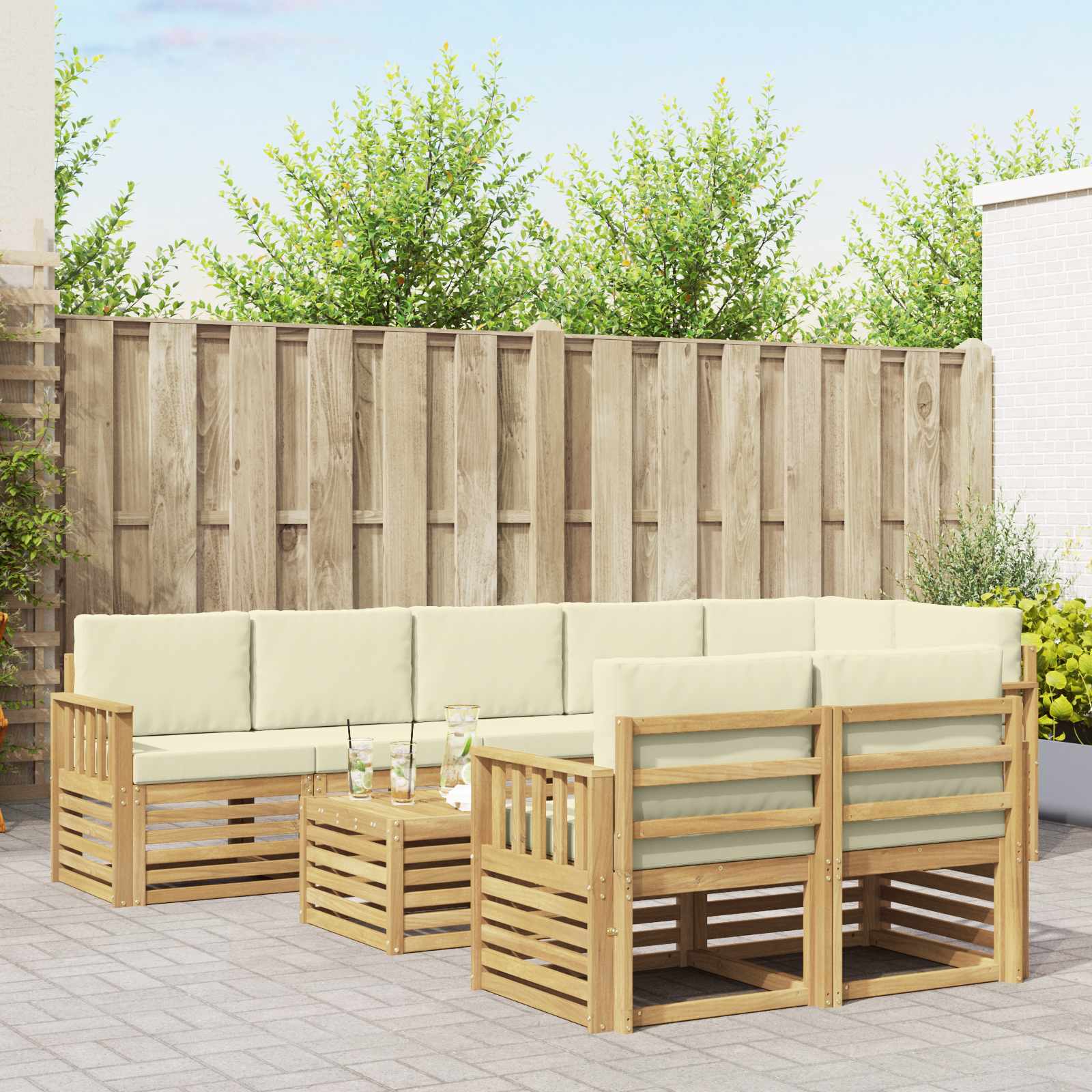 vidaXL Sofa-Sets 9 pcs Natuurlijk en Crème Massief Acaciahout