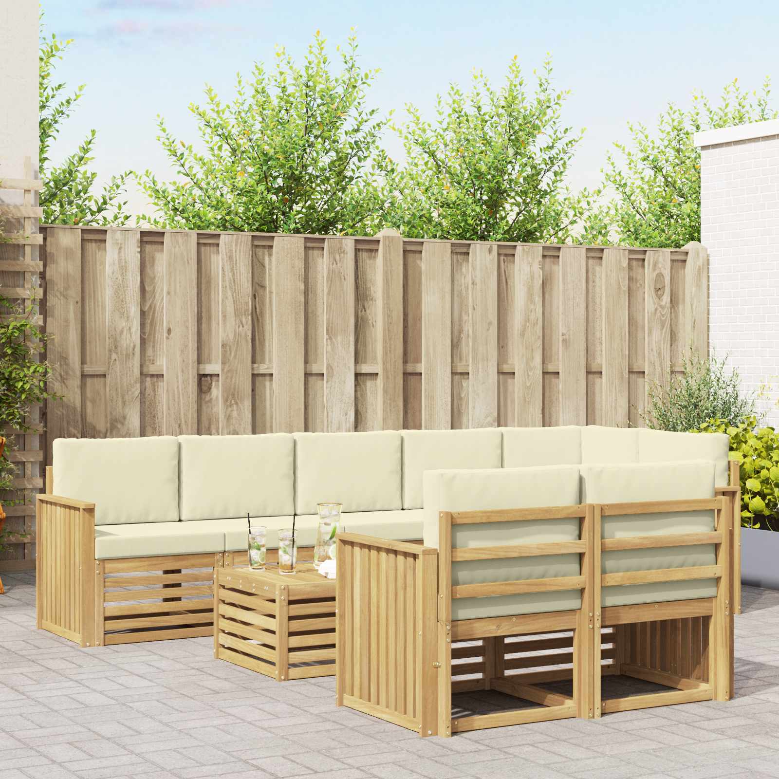 vidaXL Sofa-Sets 9 pcs Natuurlijk en Crème Massief Acaciahout