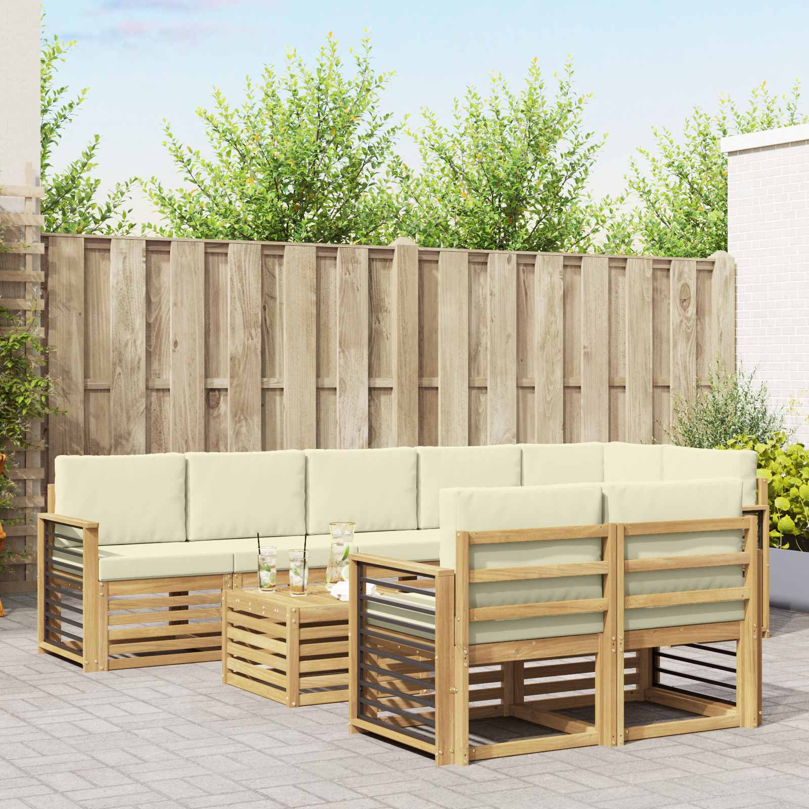 vidaXL Sofa-Sets 9 pcs Natuurlijk en Crème Massief Acaciahout