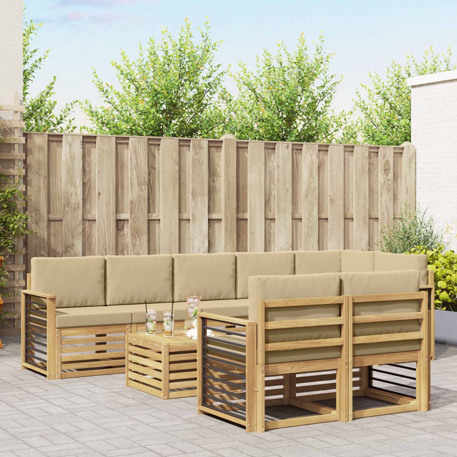 vidaXL Sofa-Sets 9 pcs Natuurlijk en Crème Massief Acaciahout
