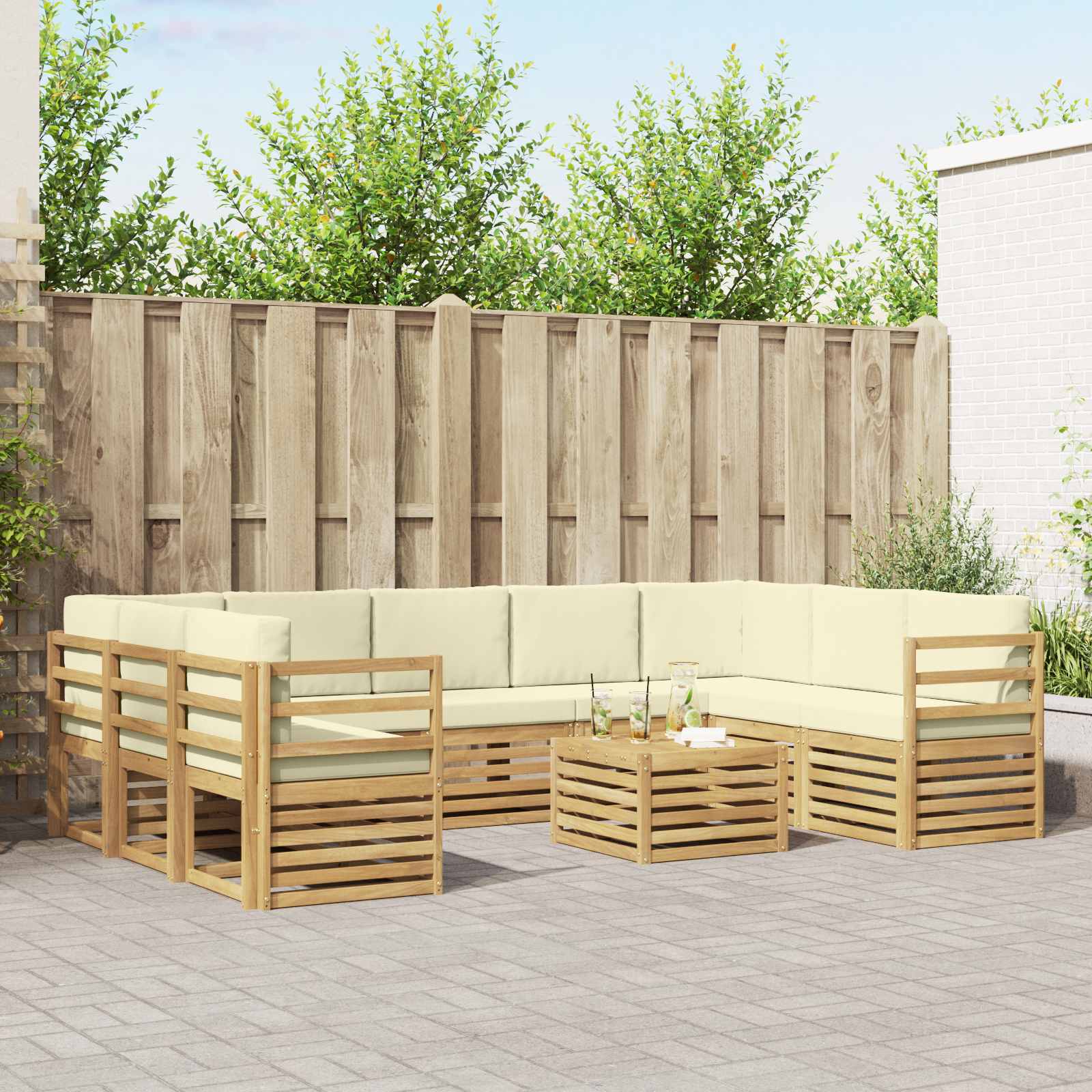 vidaXL Sofa-Sets 10 pcs Natuurlijk en Crème Massief Acaciahout