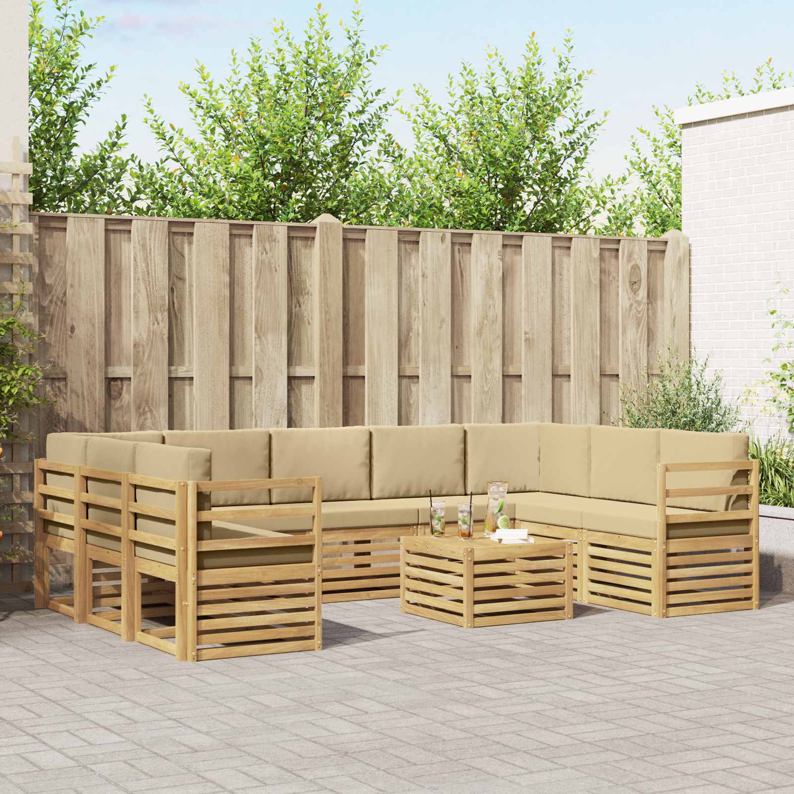 vidaXL Sofa-Sets 10 pcs Natuurlijk en Crème Massief Acaciahout
