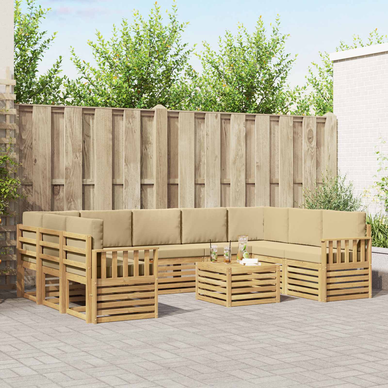 vidaXL Sofa-Sets 10 pcs Natuurlijk en Crème Massief Acaciahout