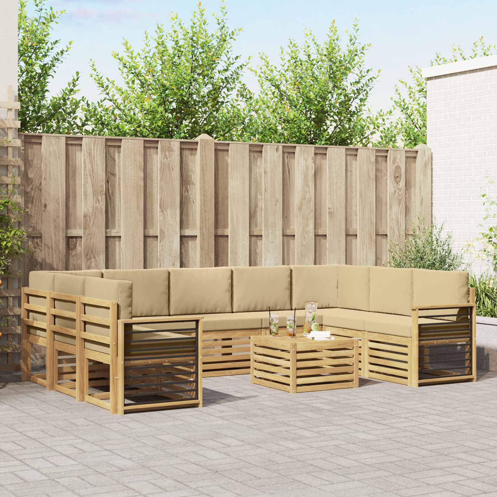 vidaXL Sofa-Sets 10 pcs Natuurlijk en Crème Massief Acaciahout