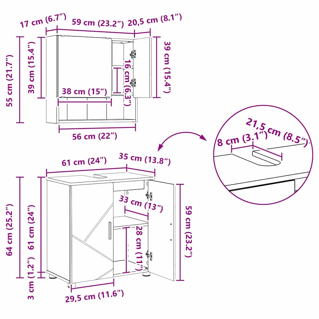 vidaXL Badkamermeubelset 2 pcs Wit 61 x 35 x 64 cm Bewerkt hout