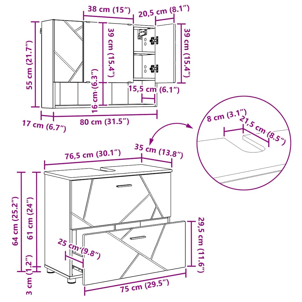 vidaXL Badkamermeubelset 2 pcs Zwart 76,5 x 35 x 64 cm Bewerkt hout