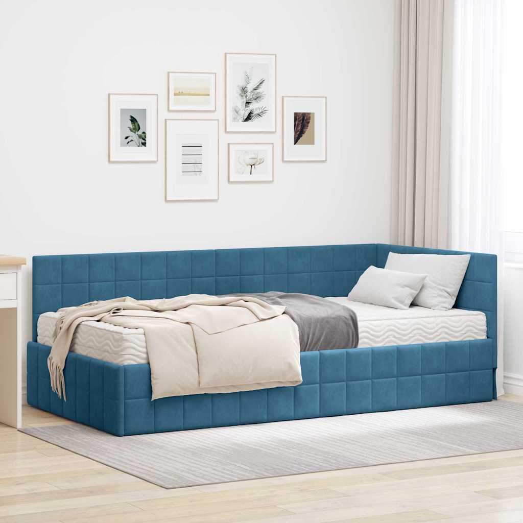 vidaXL Hoekbedframe met Matras met hoofdeinde 2 pcs Blauw Fluweel