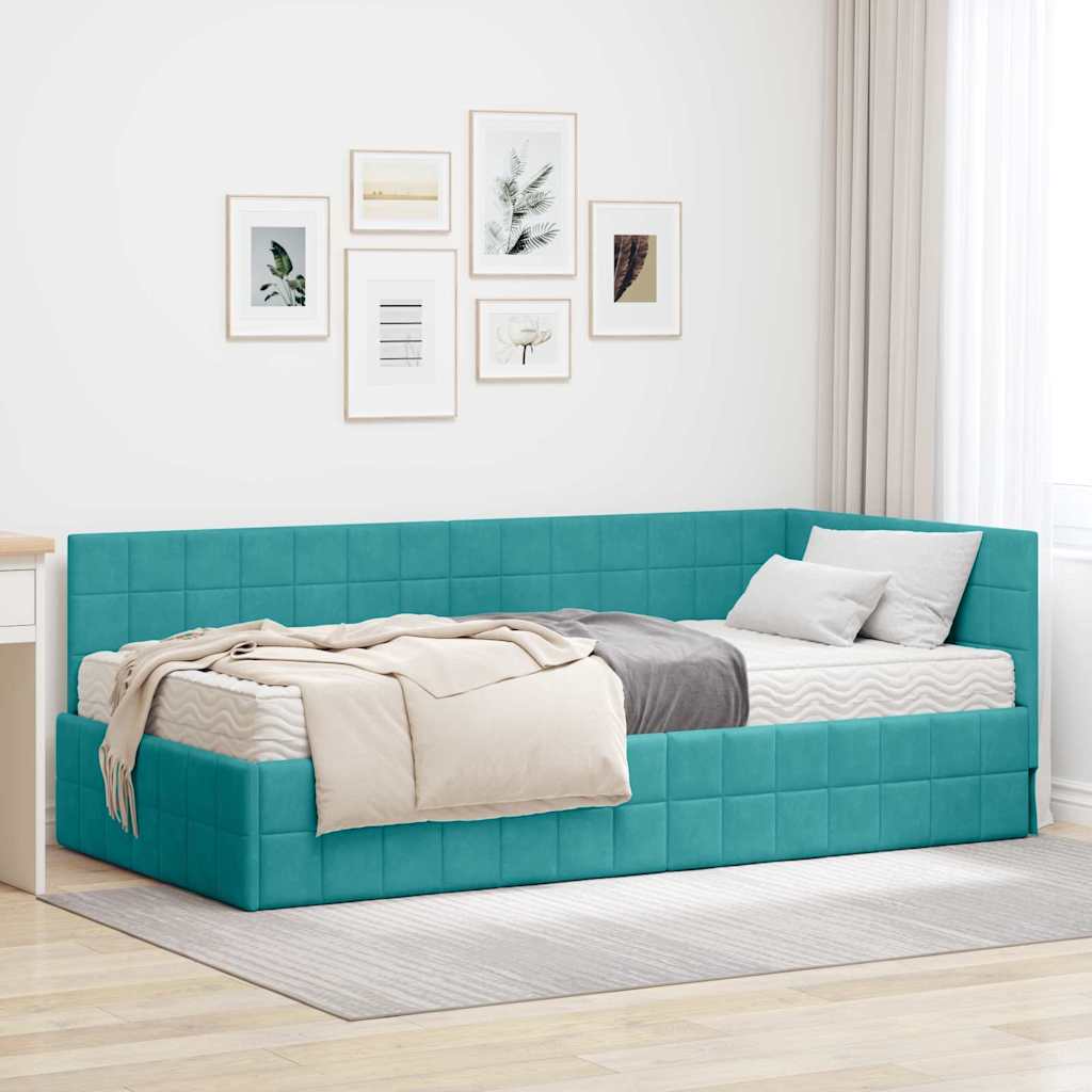 vidaXL Hoekbedframe met Matras met hoofdeinde 2 pcs Blauw Fluweel