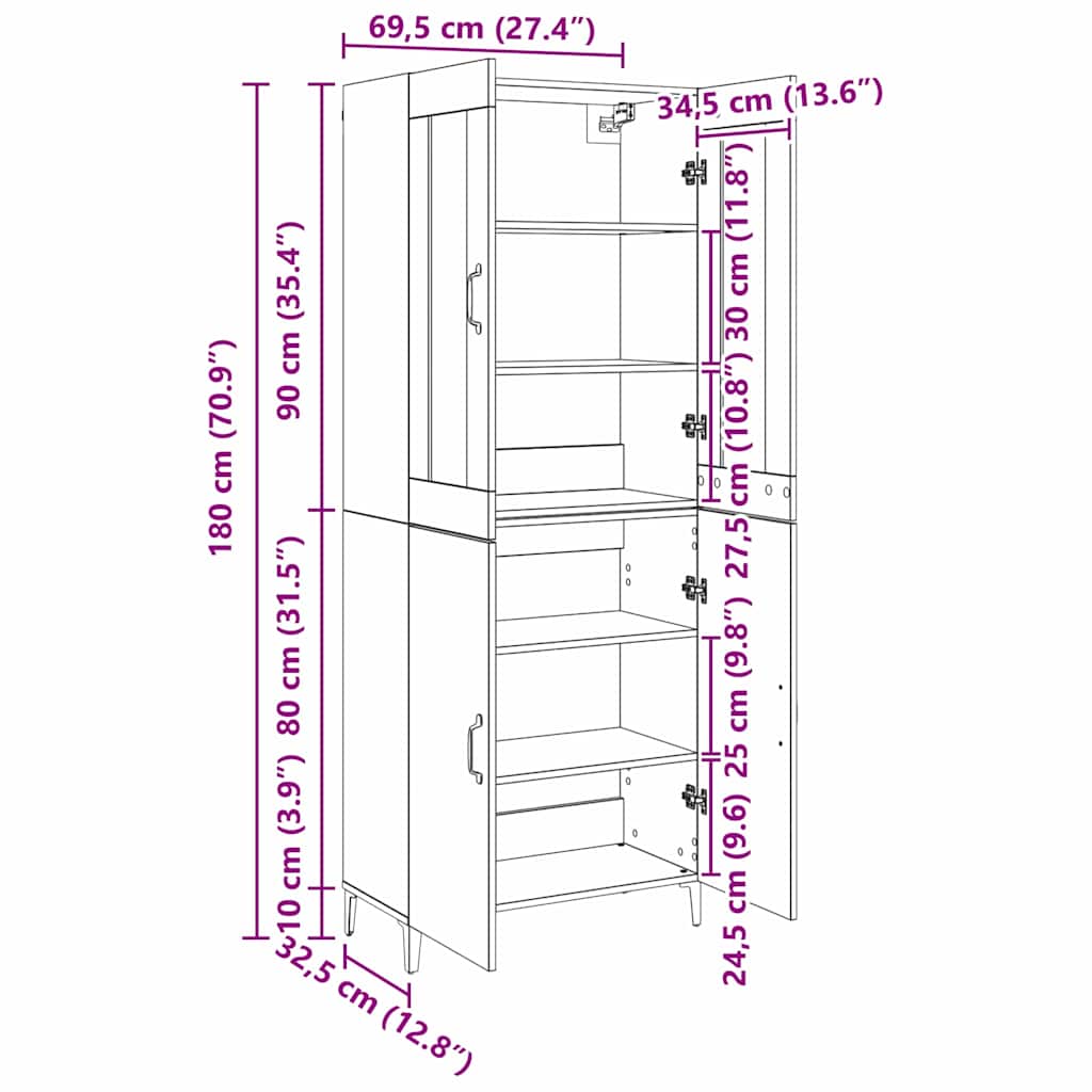vidaXL Highboard 2 pcs Oud hout 69,5 x 34 x 180 cm Bewerkt hout