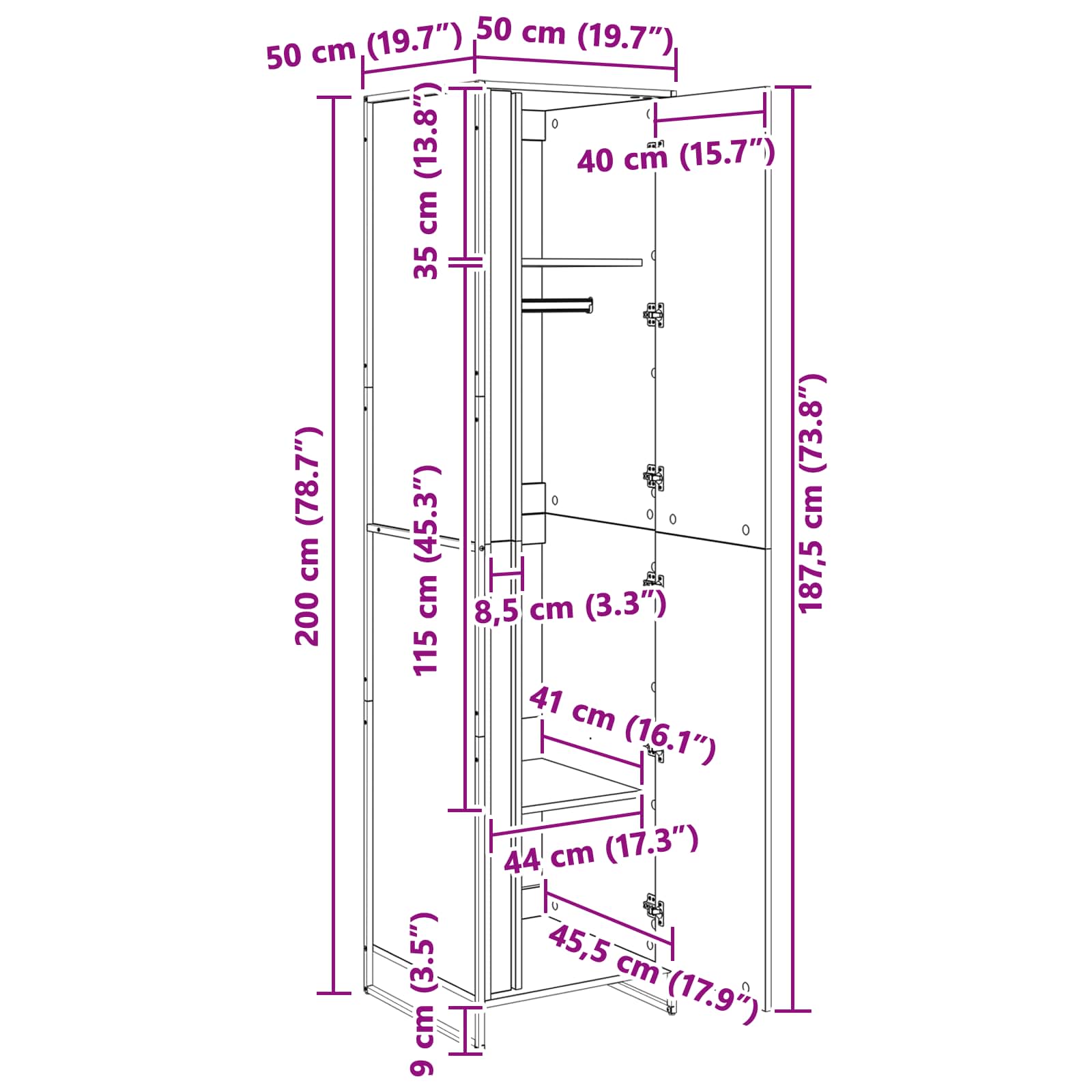 vidaXL Warderobe 2 pcs Zwart Eiken 50 x 50 x 200 cm Bewerkt hout