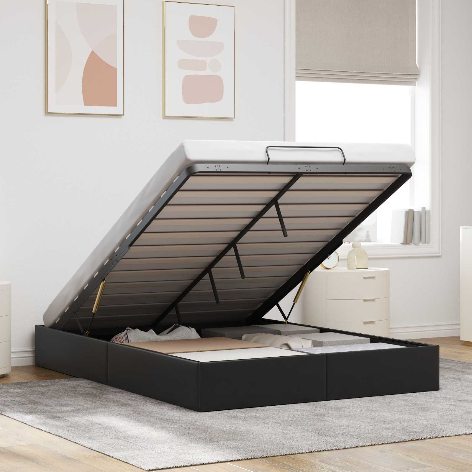 vidaXL Ottoman Bedframe Zwart King size Kunstleer