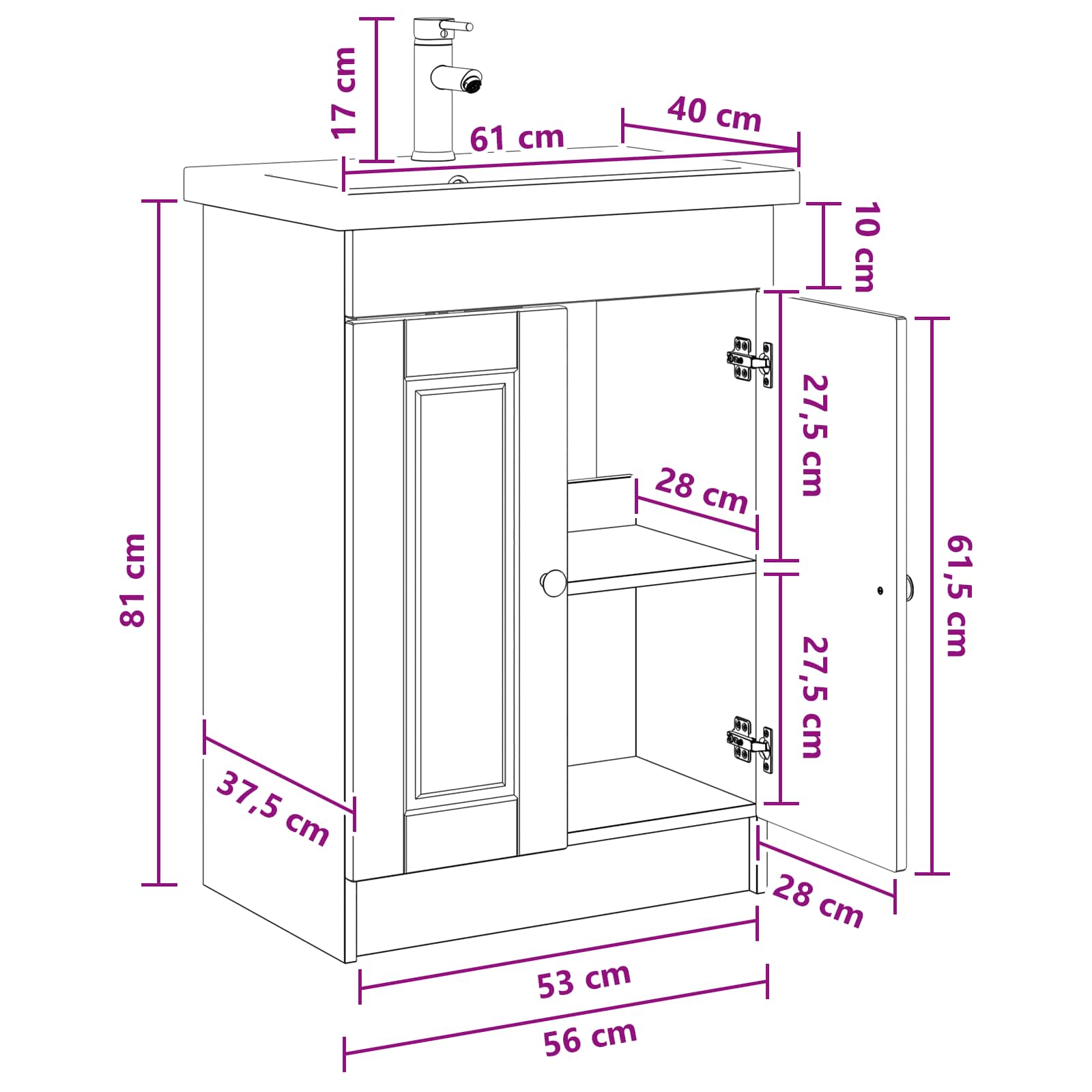 vidaXL Badkamermeubelset Wit 56 x 37,5 x 81 cm Bewerkt hout