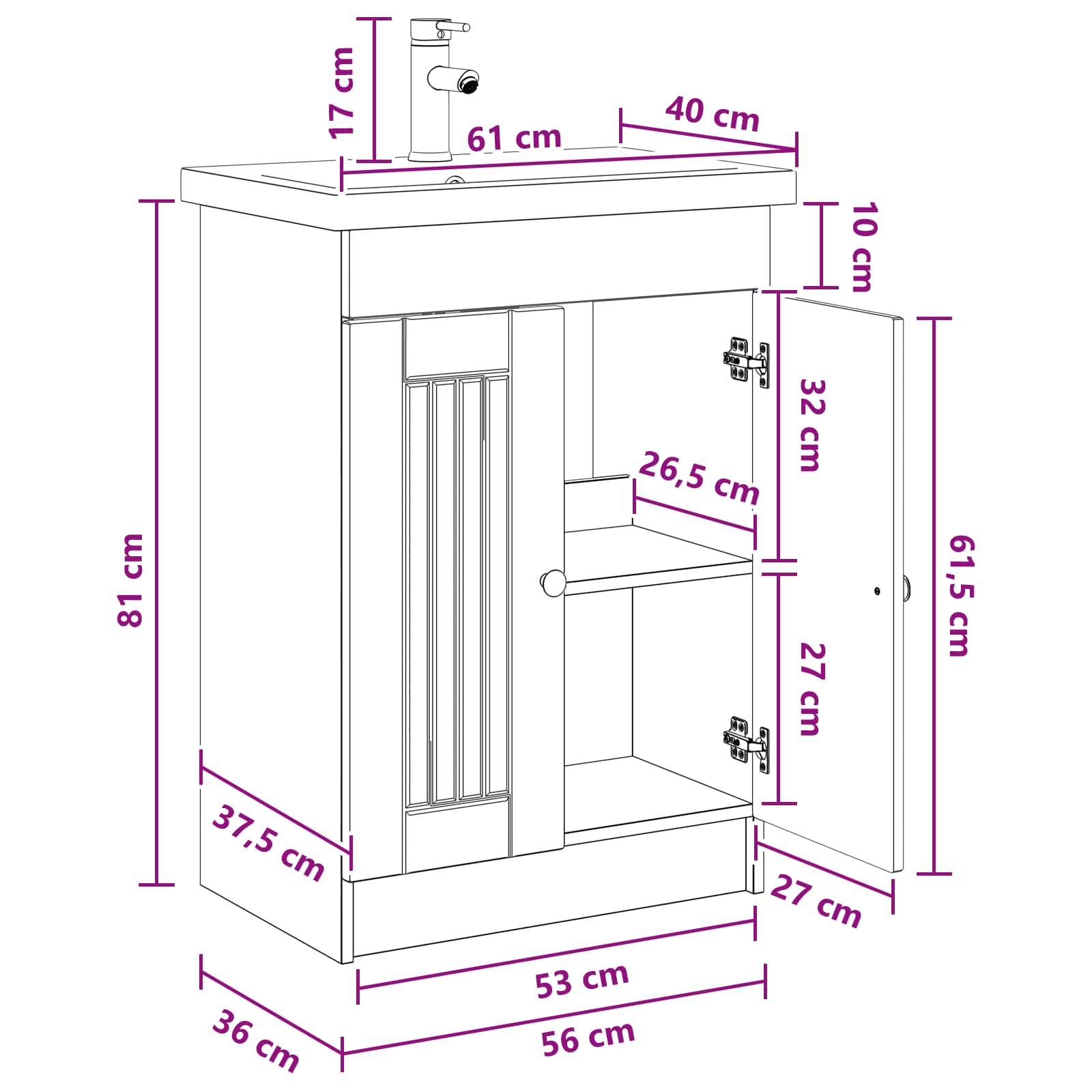 vidaXL Badkamermeubelset Wit 56 x 37,5 x 81 cm Bewerkt hout