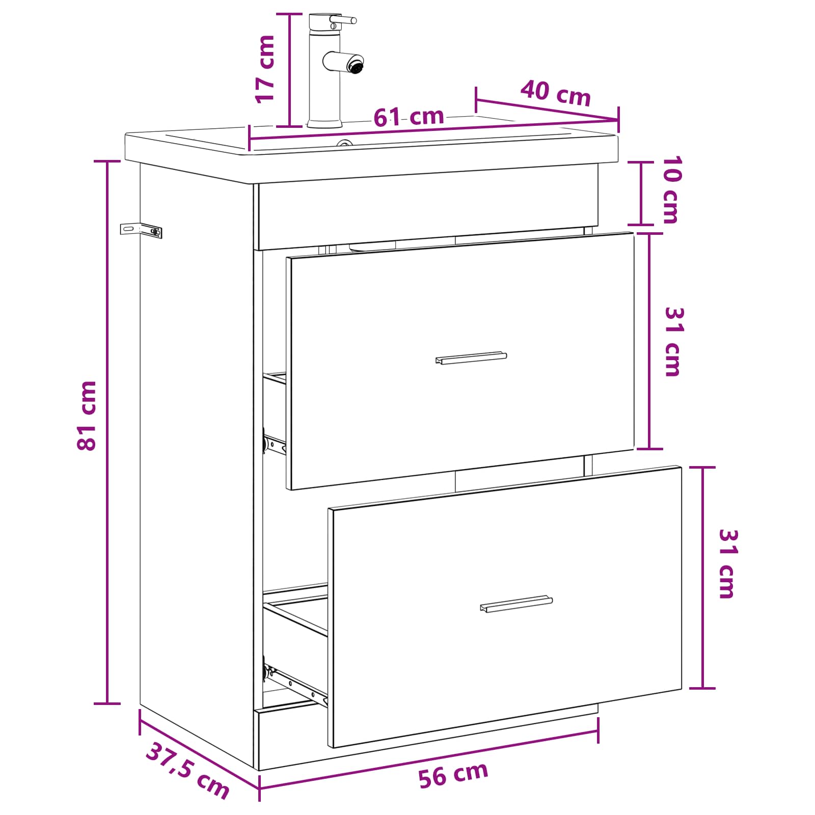 vidaXL Badkamermeubelset Wit 61 x 40 x 84,5 cm Bewerkt hout