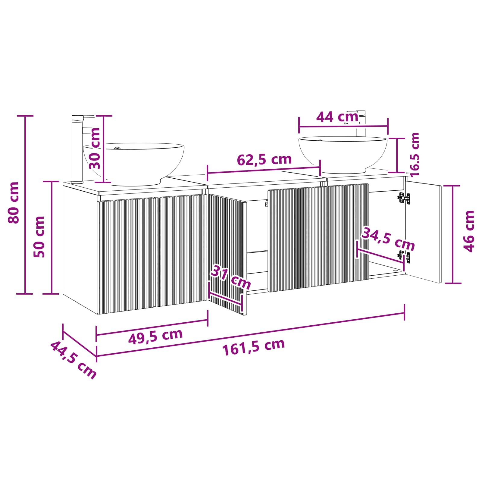 vidaXL Badkamerkastenset 3 st Wit 49,5 x 44,5 x 65 cm Bewerkt hout