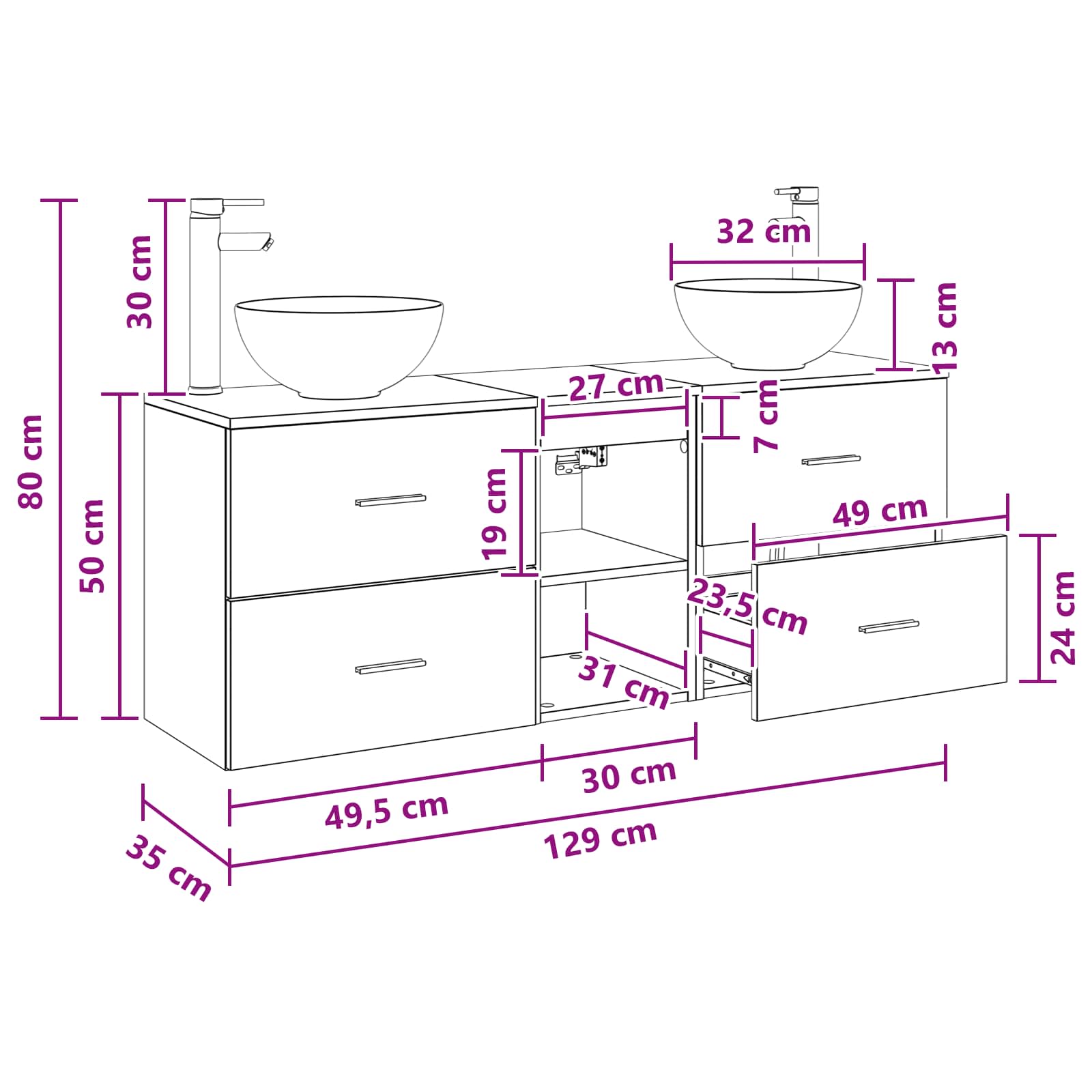 vidaXL Badkamerkastenset 3 st Wit 49,5 x 35 x 63 cm Bewerkt hout