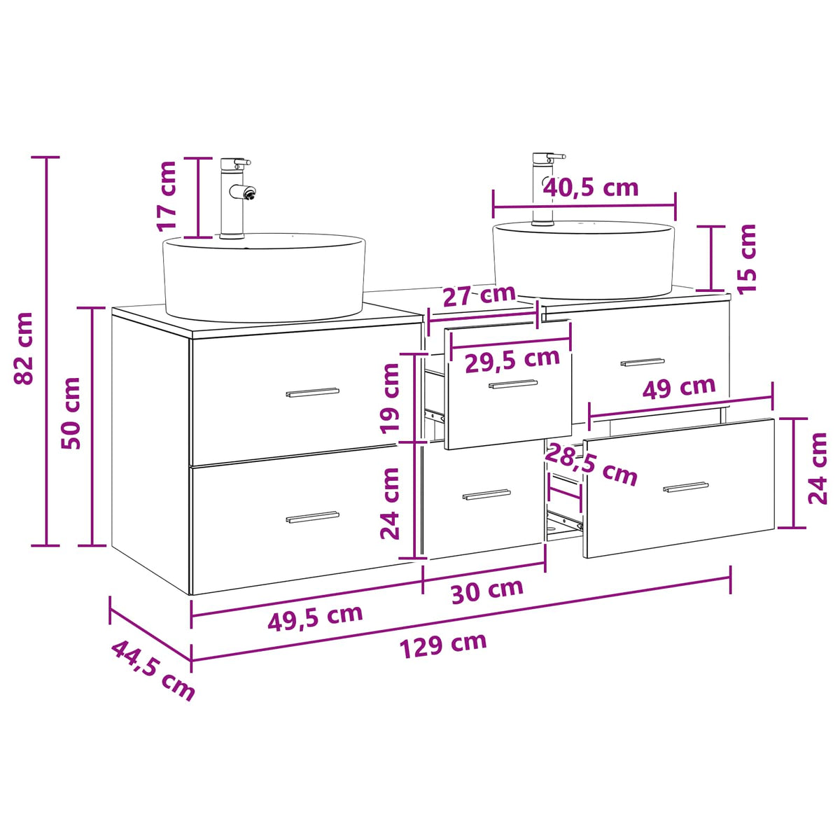 vidaXL Badkamermeubelset 3 st Wit 49,5 x 44,5 x 65 cm Bewerkt hout