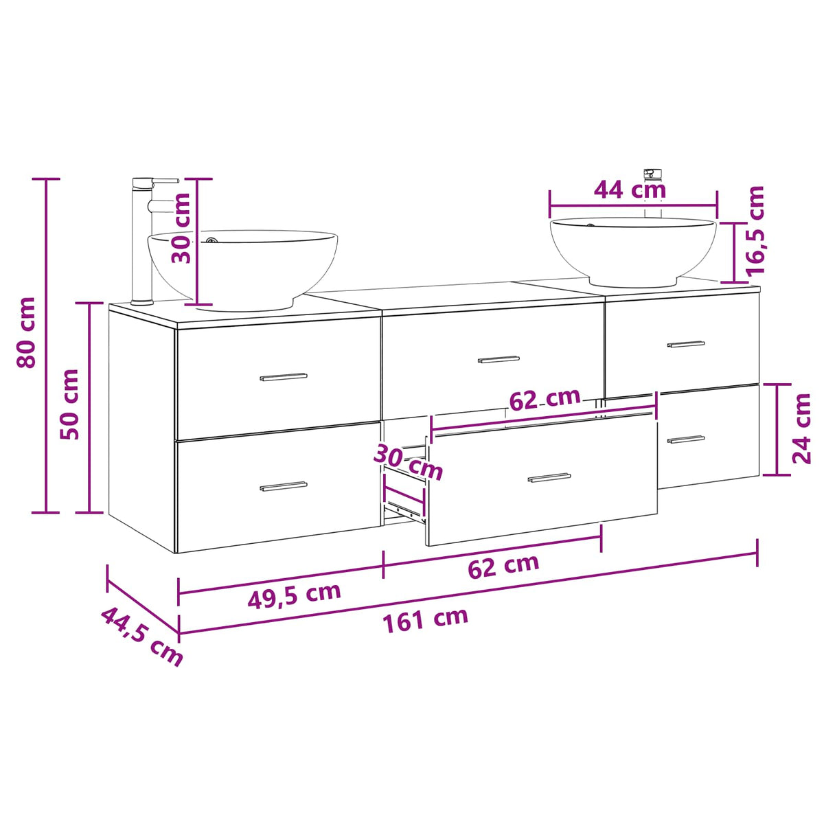 vidaXL Badkamermeubelset 3 st Wit 49,5 x 44,5 x 65 cm Bewerkt hout