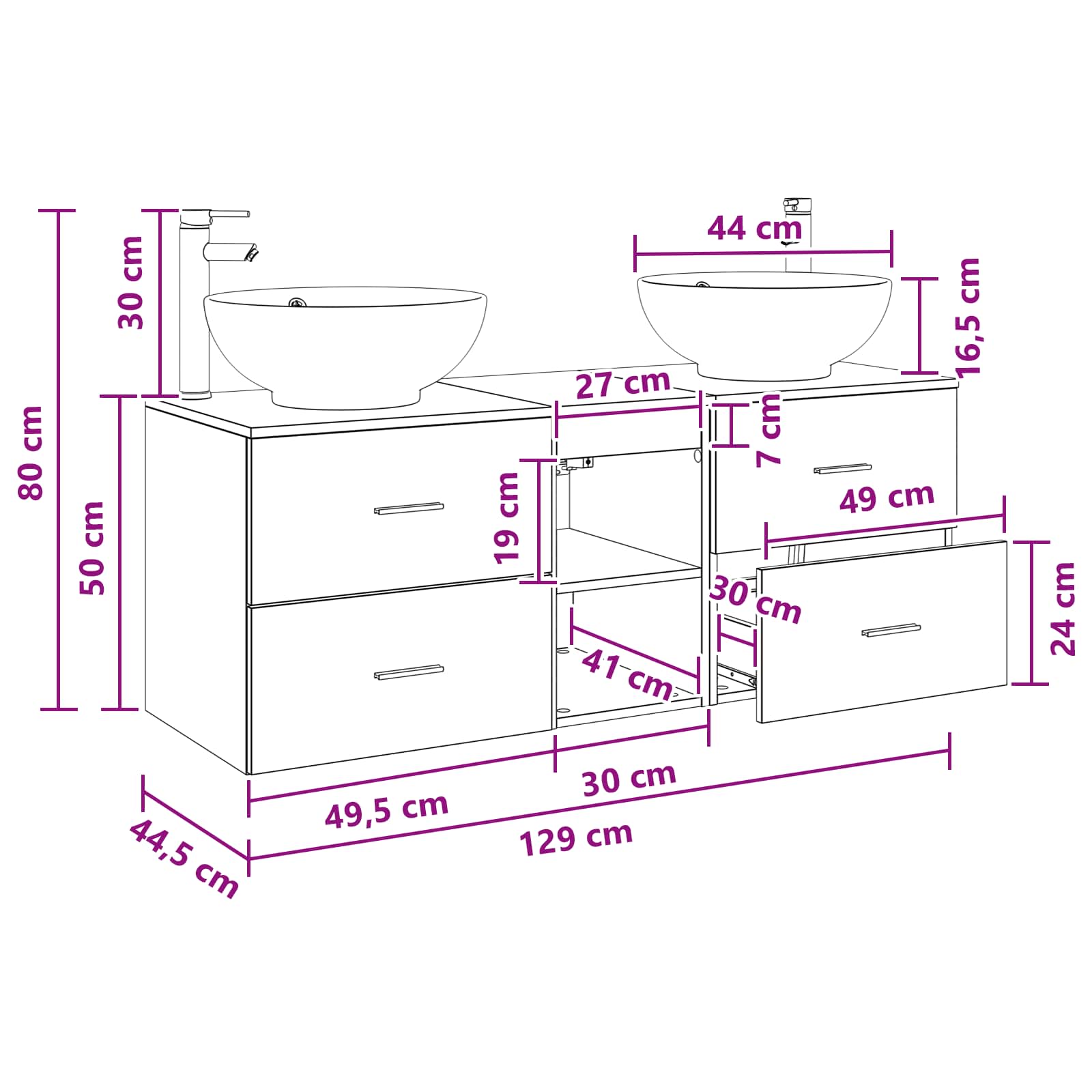 vidaXL Badkamermeubelset 3 st Wit 49,5 x 44,5 x 65 cm Bewerkt hout