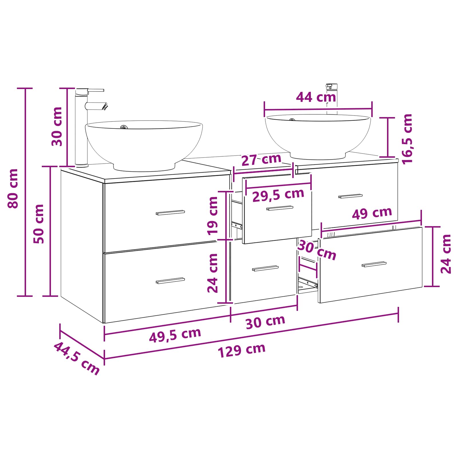 vidaXL Badkamermeubelset 3 st Wit 49,5 x 44,5 x 65 cm Bewerkt hout