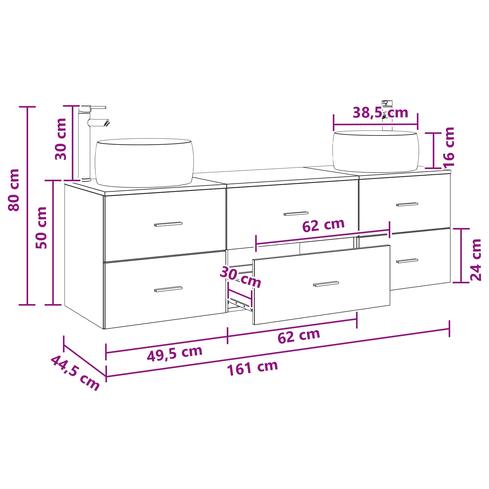 vidaXL Badkamermeubelset 3 st Wit 49,5 x 44,5 x 66 cm Bewerkt hout