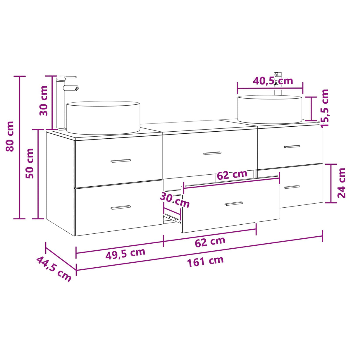 vidaXL Badkamermeubelset 3 st Wit 49,5 x 44,5 x 65,5 cm Bewerkt hout