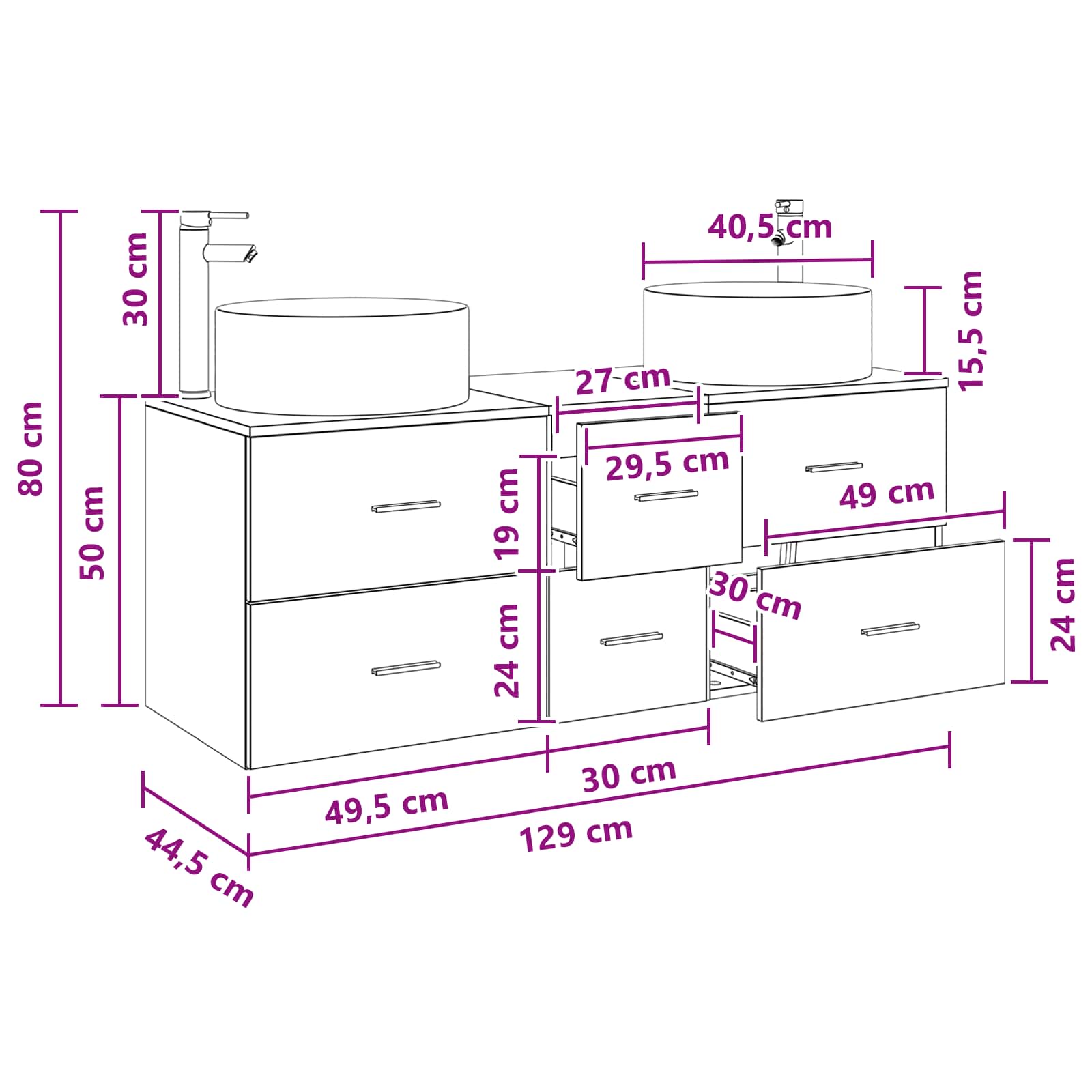 vidaXL Badkamermeubelset 3 st Wit 49,5 x 44,5 x 65,5 cm Bewerkt hout