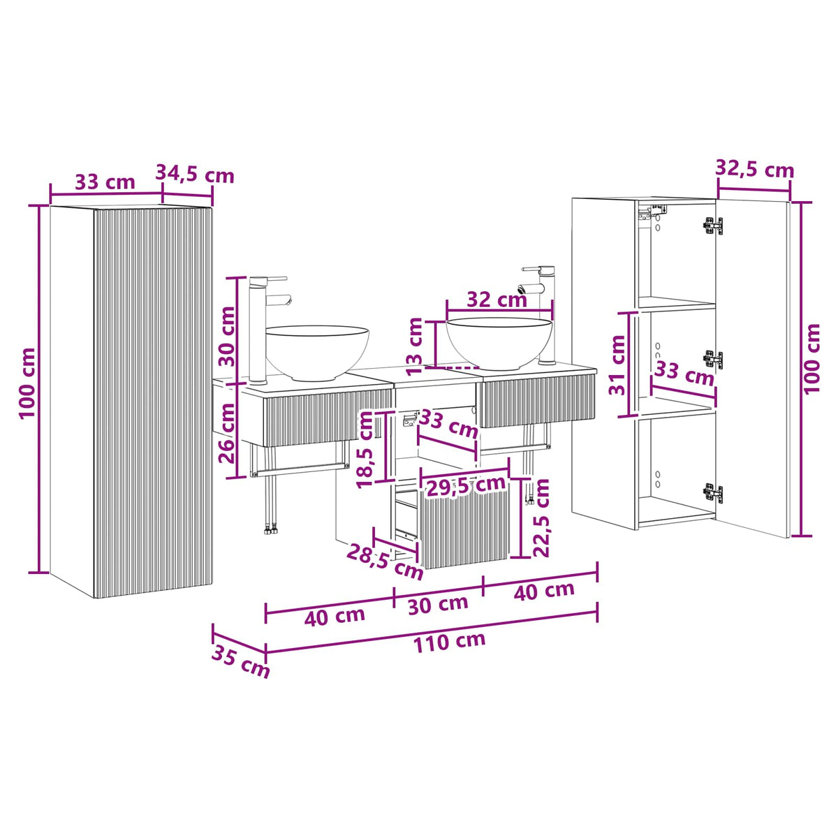 vidaXL Badkamermeubelset 5 st Wit 33 x 34,5 x 100 cm Bewerkt hout