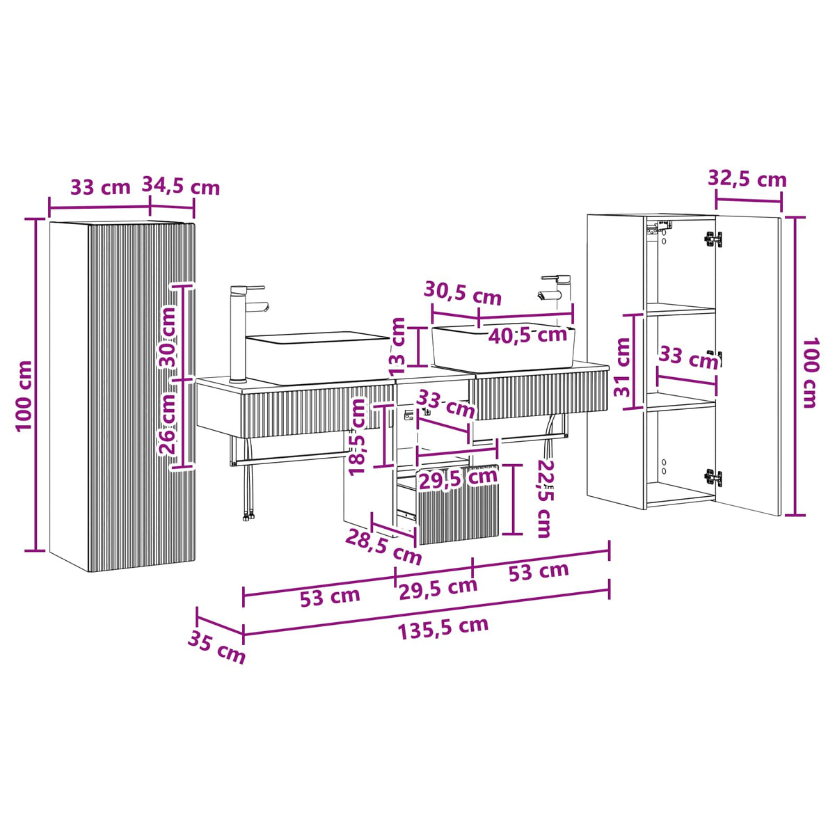 vidaXL Badkamermeubelset 5 st Wit 33 x 34,5 x 100 cm Bewerkt hout