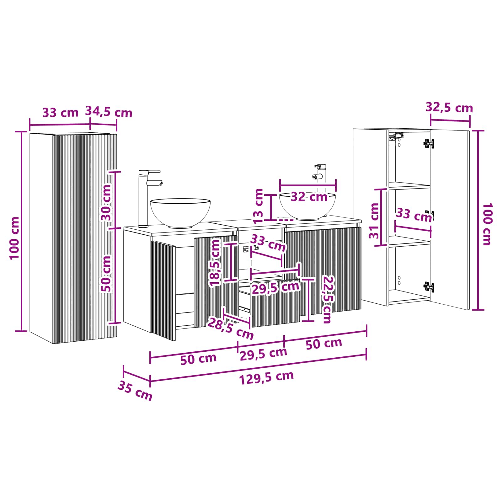 vidaXL Badkamermeubelset 5 st Wit 33 x 34,5 x 100 cm Bewerkt hout