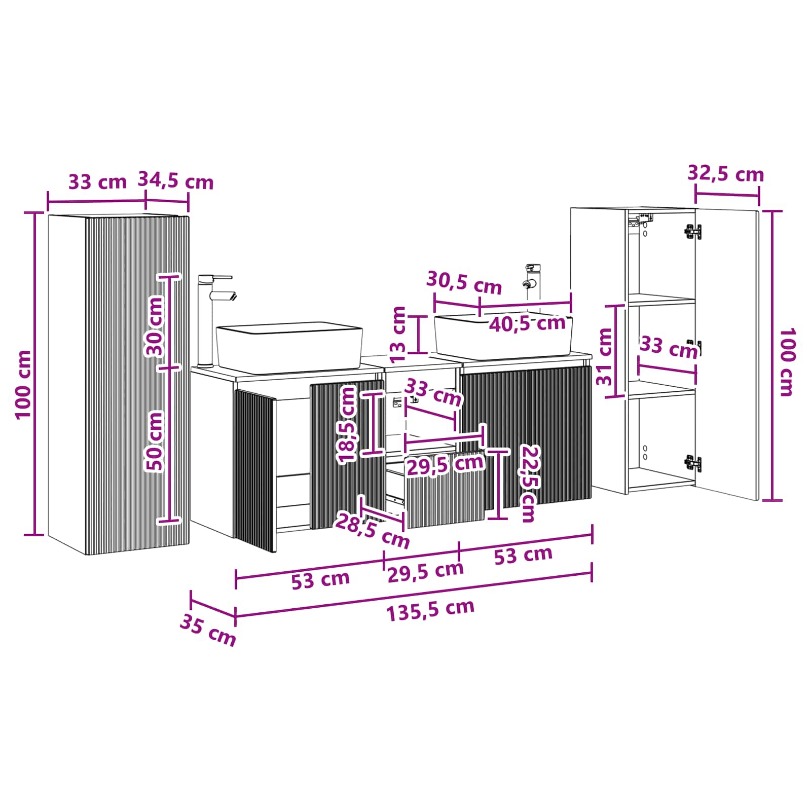 vidaXL Badkamermeubelset 5 st Wit 33 x 34,5 x 100 cm Bewerkt hout