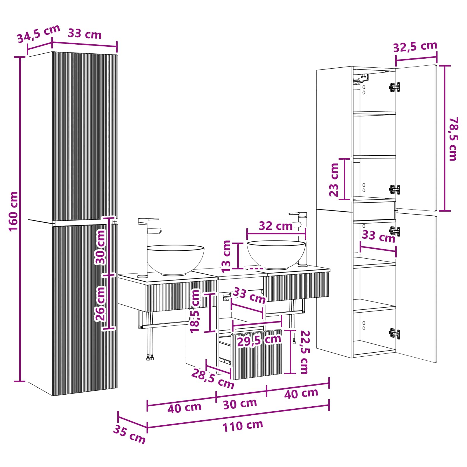 vidaXL Badkamermeubelset 5 st Wit 33 x 34,5 x 160 cm Bewerkt hout