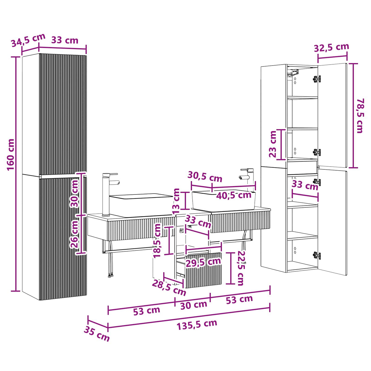 vidaXL Badkamermeubelset 5 st Wit 33 x 34,5 x 160 cm Bewerkt hout