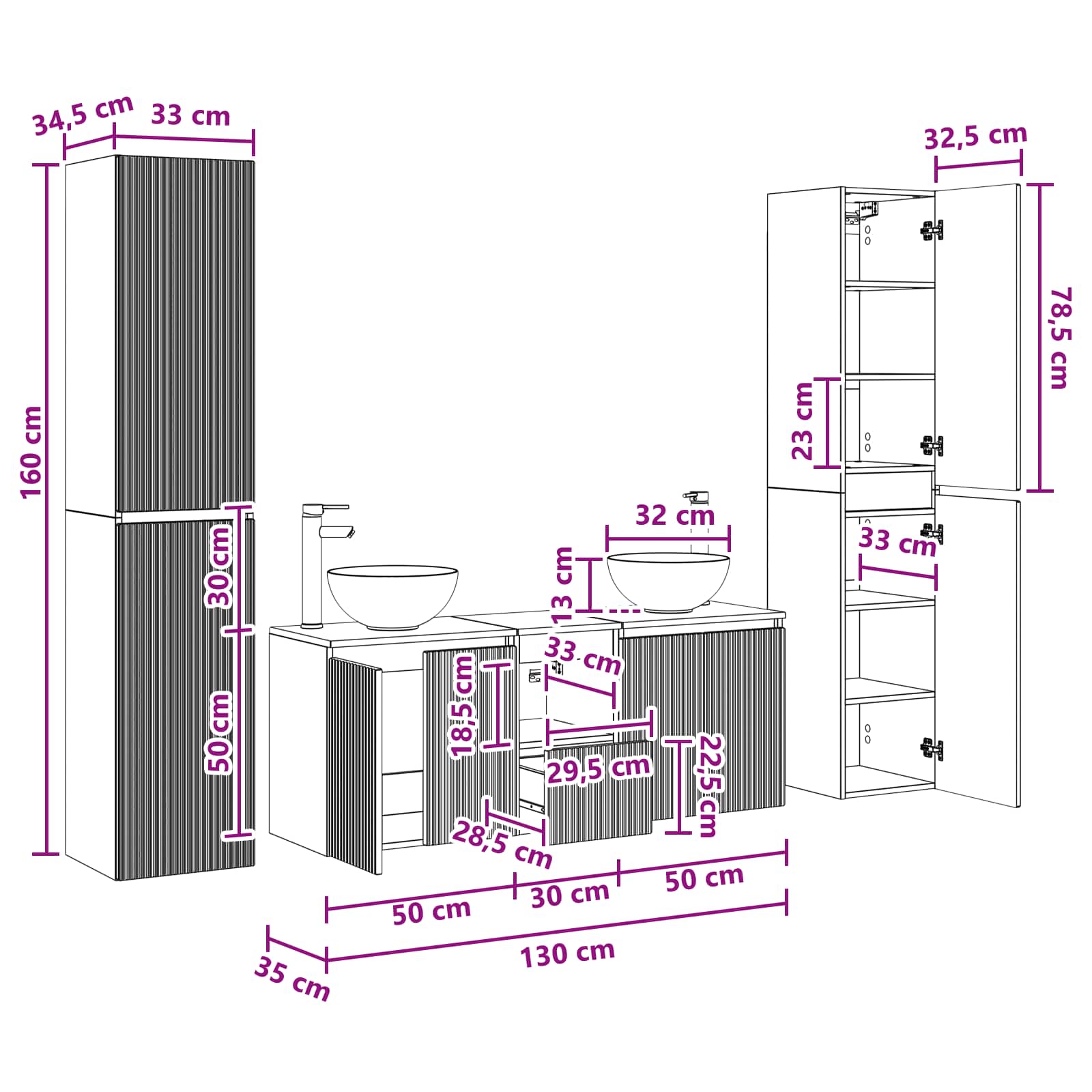 vidaXL Badkamermeubelset 5 st Wit 33 x 34,5 x 160 cm Bewerkt hout