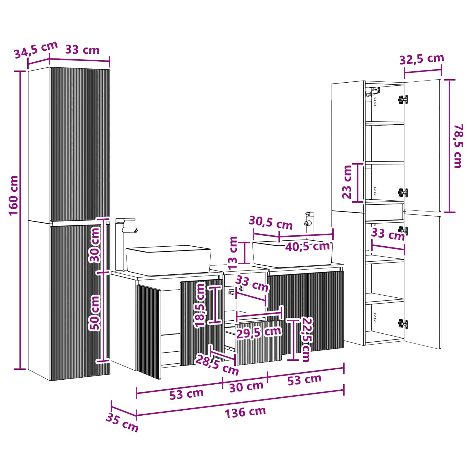 vidaXL Badkamermeubelset 5 st Wit 33 x 34,5 x 160 cm Bewerkt hout